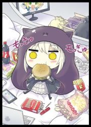 Rule 34 | 1girl, animal hood, armor, armored dress, artist request, artoria pendragon (all), artoria pendragon (fate), black border, black dress, blonde hair, blush, border, box, burger, cellphone, chibi, cola, computer, dress, eating, fate/stay night, fate (series), food, french fries, frilled dress, frills, gauntlets, gothic lolita, green eyes, himouto! umaru-chan, hood, komaru (himouto! umaru-chan), laptop, lolita fashion, lowres, manga (object), monitor, parody, phone, pocky, saber (fate), saber alter, sack, sidelocks, smartphone, snack, solo, style parody, text focus, tomiwo, translation request, trash bag, yellow eyes