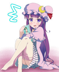 Rule 34 | 1girl, bad id, bad nicoseiga id, blush, book, clothes pull, crossed legs, drooling, hat, into-rain, knees to chest, kochiya sanae, long hair, looking at viewer, open mouth, pantyhose, pantyhose pull, patchouli knowledge, purple eyes, purple hair, sitting, solo, surprised, touhou, umakuchi shouyu (into-rain), white pantyhose
