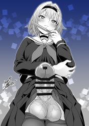 Rule 34 | 1girl, arm up, artist name, bar censor, blue background, blue theme, blush, breasts, bulge, censored, choker, closed mouth, clothes lift, clothes pull, color request, dated, ears, erection, erection under clothes, fan, female pov, from below, futanari, glaring, gradient background, greyscale with colored background, hair between eyes, hair ornament, hairband, hand up, holding elbow, imminent fellatio, jitome, large penis, large testicles, long sleeves, looking at viewer, looking down, low angle, medium breasts, midriff peek, monochrome, oral invitation, pantyhose, pantyhose pull, penis, pov, ryuuou no oshigoto!, sailor collar, scarf, school uniform, serafuku, short hair, signature, silver hair, skirt, skirt lift, snowflake hair ornament, solo, sora ginko, testicles, thighhighs, thighhighs pull, thighs, tokimachi eisei, veins, veiny penis, veiny testicles, watermark