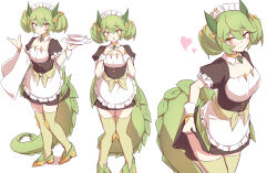 Rule 34 | 1girl, absurdres, dragon girl, dragon horns, dragon tail, duel monster, green eyes, highres, holding, holding plate, horns, kanzakietc, maid, maid headdress, multiple views, parlor dragonmaid, plate, smile, solo, tail, thighhighs, twintails, white background, yellow eyes, yu-gi-oh!, zettai ryouiki