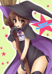 Rule 34 | 1boy, bad id, bad pixiv id, broom, brown eyes, brown hair, cape, crossdressing, gloves, halloween, happy halloween, hat, little busters!, male focus, masayu, naoe riki, short hair, solo, tears, thighhighs, trap, witch hat