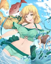 Rule 34 | 1girl, :d, bare shoulders, bikini, bikini shorts, braid, braided ponytail, breasts, cleavage, collarbone, commission, fire emblem, fire emblem: three houses, fire emblem heroes, fish, green bikini, green eyes, highres, ingrid brandl galatea, long hair, looking at viewer, medium breasts, midriff, navel, nintendo, off-shoulder bikini, off shoulder, official alternate costume, open mouth, partially submerged, ponytail, roisin, short shorts, shorts, single braid, smile, solo, swimsuit, very long hair, water