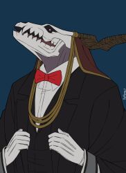 Rule 34 | 1boy, absurdres, animal head, animal skull, black coat, blue background, bow, bowtie, coat, delfuze, elias ainsworth, gloves, highres, long sleeves, mahou tsukai no yome, male focus, red bow, red bowtie, shirt, signature, simple background, skull head, solo, white gloves, white shirt