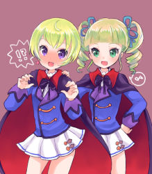 Rule 34 | 10s, 2girls, :d, aikatsu!, aikatsu! (series), amarabi (tobira), bad id, bad pixiv id, blonde hair, blush, cape, drill hair, earrings, fang, female focus, green eyes, hair ribbon, hand on another&#039;s shoulder, hattori yu, jewelry, long hair, looking at another, looking back, matching outfits, multiple girls, open mouth, purple eyes, ribbon, school uniform, short hair, simple background, skirt, smile, star (symbol), star earrings, sweatdrop, todo yurika, twin drills, twintails, uniform