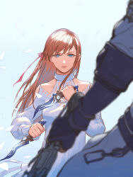 Rule 34 | 1boy, 1girl, blue eyes, blue gloves, closed mouth, dagger, dress, dual wielding, final fantasy, final fantasy xiv, fingerless gloves, gloves, gunblade, hair between eyes, hair ribbon, holding, holding dagger, holding knife, holding sword, holding weapon, knife, lmin, long hair, pink ribbon, ribbon, ryne waters, solo focus, sword, thancred waters, weapon, white dress