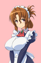 Rule 34 | 1girl, apron, breasts, brown hair, folded ponytail, hayate no gotoku!, huge breasts, large breasts, looking at viewer, maid, maid apron, maid headdress, maria (hayate no gotoku!), nekomamire, purple eyes, red eyes, smile, solo, standing, upper body