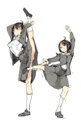 Rule 34 | angry, ass, black hair, endou okito, happy, highres, leg up, outstretched arms, panties, pantyshot, school uniform, short hair, smile, split, standing, standing on one leg, standing split, underwear