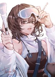 Rule 34 | 1girl, :d, adjusting goggles, animal, arknights, artist name, bare shoulders, blouse, blue nails, breasts, brown eyes, brown hair, brown overalls, chancesmily, dated, dual wielding, goggles, goggles on head, hair between eyes, hand on goggles, highres, holding, holding brush, jacket, looking at viewer, makeup brush, nail polish, off shoulder, open clothes, open jacket, open mouth, overalls, roberta (arknights), shirt, short hair, simple background, sleeveless, sleeveless shirt, small breasts, smile, solo, upper body, white background, white jacket, white shirt