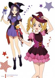 Rule 34 | 2girls, :d, absurdres, aikatsu!, aikatsu! (series), black footwear, black hat, blonde hair, blue dress, boots, corset, dress, full body, hair ornament, hair scrunchie, hand on headwear, hat, hat ribbon, highres, holding, holding wand, layered skirt, looking at viewer, mini hat, miniskirt, mole, mole under eye, multiple girls, open mouth, page number, pink ribbon, pink skirt, pleated skirt, pumpkin hat ornament, purple eyes, purple ribbon, red eyes, red hat, red scrunchie, ribbon, scrunchie, short dress, short sleeves, skirt, smile, standing, star (symbol), twintails, wand, white background, witch hat