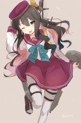 Rule 34 | 10s, 1girl, ;d, alternate costume, black hair, cannon, dress, fang, hair ribbon, hand on own head, hat, hiiragi souren, kantai collection, leg up, long hair, looking at viewer, machinery, multicolored hair, naganami (kancolle), one eye closed, open mouth, pantyhose, pink background, pink hair, ribbon, sailor dress, school uniform, serafuku, simple background, skirt, smile, solo, standing, standing on one leg, turret, twitter username, yellow eyes