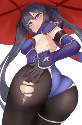 Rule 34 | 1girl, ass, black hair, blue eyes, blush, breasts, cowboy shot, deep skin, detached sleeves, elbow gloves, embarrassed, female focus, from behind, from below, genshin impact, gloves, hair ribbon, hand on own ass, hat, highres, huge ass, leotard, long hair, looking at viewer, looking back, looking down, medium breasts, mona (genshin impact), open mouth, pantyhose, parted lips, ribbon, shiny clothes, shiny skin, sideboob, solo, standing, thick thighs, thighlet, thighs, torn clothes, torn legwear, torn pantyhose, twintails, very long hair