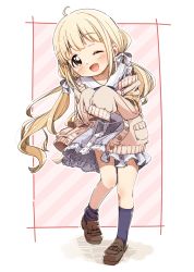 Rule 34 | 1girl, blonde hair, blush, bow, brown eyes, cardigan, commentary, dress, full body, futaba anzu, hair bow, highres, idolmaster, idolmaster cinderella girls, idolmaster cinderella girls starlight stage, loafers, long hair, long sleeves, looking at viewer, low twintails, off shoulder, one eye closed, open mouth, shoes, sleeves past fingers, sleeves past wrists, smile, socks, solo, twintails, yukie (kusaka shi)