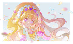 Rule 34 | 1girl, blonde hair, border, bridal gauntlets, brooch, cure finale, delicious party precure, dress, gradient background, grey background, hoshi (xingspresent), jewelry, kasai amane, long hair, looking at viewer, magical girl, precure, purple eyes, solo, tiara, upper body, white border, white dress