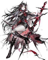 Rule 34 | 1girl, absurdres, arknights, black hair, black jacket, black nails, colored skin, dagger, high heels, highres, holding, holding staff, horns, ines (arknights), jacket, knife, long hair, looking at viewer, nail polish, pencil skirt, remsrar, skirt, solo, staff, string, thighs, weapon, white background, white skin, yellow eyes