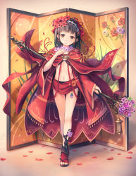 Rule 34 | 1girl, black hair, blush, brown eyes, cape, commentary request, earrings, feet, flower, flower earrings, flower necklace, full body, green flower, hair flower, hair ornament, hair ribbon, hand up, head tilt, highres, holding, holding staff, jewelry, lamp, long sleeves, looking at viewer, navel, necklace, orange ribbon, original, parted lips, petals, pink flower, purple flower, red cape, red flower, red ribbon, red socks, revealing clothes, ribbon, shadow, short hair, sidelocks, sleeves past wrists, slippers, socks, solo, soraizumi, staff, standing, stomach, thighs, toeless legwear, toes, wide sleeves