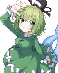 Rule 34 | 1girl, black hat, closed mouth, cross-laced clothes, dress, ghost tail, green dress, green eyes, green hair, hat, highres, looking at viewer, mol fire893, ofuda, ofuda on clothes, short hair, simple background, soga no tojiko, solo, tate eboshi, touhou, white background