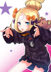 Rule 34 | 1girl, abigail williams (fate), abigail williams (traveling outfit) (fate), bandaid, bandaid on face, bandaid on forehead, black bow, black jacket, blonde hair, blue eyes, blush, bow, fate/grand order, fate (series), fingernails, hair bow, hair bun, hetchhog tw, highres, jacket, long hair, long sleeves, looking at viewer, hugging object, official alternate costume, open mouth, orange bow, parted bangs, single hair bun, sleeves past wrists, solo, standing, star (symbol), stuffed animal, stuffed toy, teddy bear, v-shaped eyebrows