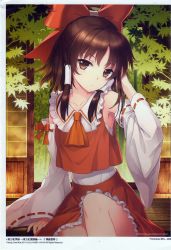 Rule 34 | 1girl, absurdres, an2a, ascot, bow, bowtie, brown eyes, brown hair, collarbone, detached sleeves, frilled skirt, frills, hair ornament, hair ribbon, hair tubes, hakurei reimu, highres, japanese clothes, long hair, long skirt, long sleeves, looking at viewer, ribbon, scan, shirt, sitting, skirt, solo, touhou, traditional clothes