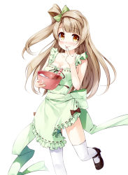 Rule 34 | 10s, 1girl, apron, blush, breasts, brown eyes, brown hair, cleavage, frills, licking, long hair, looking at viewer, love live!, love live! school idol project, mary janes, minami kotori, mixing bowl, miyase mahiro, naked apron, one side up, ribbon-trimmed clothes, ribbon trim, shoes, smile, solo, tasting, thighhighs, tongue, tongue out, whisk, white thighhighs