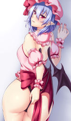 Rule 34 | 1girl, ass, backless outfit, bat wings, black panties, blue hair, blush, bow, detached sleeves, fangs, frilled shirt collar, frills, from behind, hand on own ass, hand on wall, hat, highres, looking at viewer, looking back, nail polish, no pants, panties, pink shirt, pointy ears, puffy sleeves, red bow, red eyes, remilia scarlet, ribbon, shirt, short hair, simple background, smile, solo, thighs, thong, touhou, underwear, wedgie, wings, wrist cuffs, zellam
