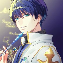 Rule 34 | 1boy, a3!, bad id, bad pixiv id, blue background, blue eyes, blue hair, brooch, character name, collar, copyright name, gold trim, gradient background, hand up, jewelry, looking at viewer, male focus, oikoyo, pen, pocket, short hair, simple background, smile, solo, tsukioka tsumugi, twitter username, uniform, upper body, wand