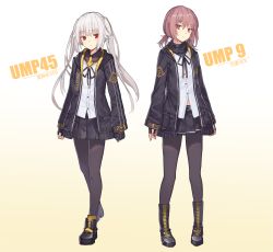 Rule 34 | 1boy, 1girl, arms at sides, belt buckle, black footwear, black gloves, black pantyhose, black skirt, blush, brown eyes, brown hair, buckle, character name, closed mouth, cosplay, do2mi doreimi, double vertical stripe, full body, girls&#039; frontline, gloves, gradient background, hair flaps, highres, long hair, long sleeves, looking at viewer, low twintails, miniskirt, multiple girls, navel, pantyhose, pleated skirt, pocket, red eyes, shirt, skirt, standing, trap, twintails, ump45 (girls&#039; frontline), ump45 (girls&#039; frontline) (cosplay), ump9 (girls&#039; frontline), ump9 (girls&#039; frontline) (cosplay), very long hair, white hair, white shirt, yellow background