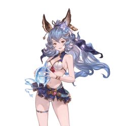 Rule 34 | 1girl, animal ears, bikini, bikini skirt, blue hair, breasts, brown eyes, cleavage, cowboy shot, earrings, erune, ferry (granblue fantasy), ferry (summer) (granblue fantasy), flower, granblue fantasy, hair flower, hair ornament, jewelry, long hair, minaba hideo, navel, nicola (granblue fantasy), official art, ponytail, single earring, small breasts, smile, solo, swimsuit, thighlet, transparent background
