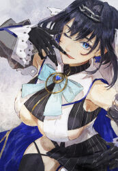 Rule 34 | 1girl, black gloves, black thighhighs, blue bow, blue cape, blue eyes, blue hair, blue ribbon, blush, bow, bow earrings, breasts, cape, chain, chain headband, cleavage cutout, clothing cutout, collar, detached sleeves, earrings, gloves, hair intakes, heart, highres, hololive, hololive english, jewelry, large breasts, looking at viewer, micro shorts, miniskirt, one eye closed, open mouth, ouro kronii, ouro kronii (1st costume), ribbon, shirt, short hair, shorts, sideboob, sitting, skirt, sleeveless, sleeveless shirt, sleeveless turtleneck, teeth, thighhighs, tongue, tongue out, total, turtleneck, underboob, underboob cutout, veil, virtual youtuber