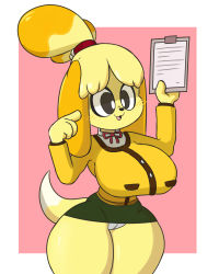 Rule 34 | 1girl, absurdres, animal crossing, animal ears, blush, border, breasts, cardigan, clipboard, cowboy shot, dog tail, furry, furry female, highres, isabelle (animal crossing), large breasts, long sleeves, lotikmac, miniskirt, narrow waist, nintendo, open mouth, panties, parted bangs, pink background, simple background, skirt, solo, tail, underwear, white border, white panties, wide hips