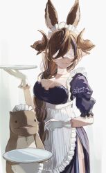 Rule 34 | 1girl, alternate costume, animal ears, apron, black dress, blindfold, braid, braided ponytail, breasts, brown hair, choker, cleavage, closed mouth, dress, feet out of frame, galleon (granblue fantasy), gloves, granblue fantasy, hand up, highres, hip vent, holding, holding tray, horns, ikenotori, large breasts, long hair, maid day, maid headdress, multicolored hair, pointy ears, smile, solo, standing, streaked hair, stuffed toy, thigh strap, tray, twitter username, waist apron, white gloves
