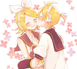 Rule 34 | 1boy, 1girl, arm warmers, arms around waist, bare shoulders, black collar, blush, bow, brother and sister, closed eyes, collar, commentary, crop top, floral background, hair bow, hair ornament, hairclip, hand on another&#039;s shoulder, hands up, headphones, kagamine len, kagamine rin, kiss, kissing cheek, midriff, navel, open mouth, sailor collar, school uniform, shirt, short hair, short ponytail, short sleeves, siblings, smile, spiked hair, suzumi (fallxalice), swept bangs, twins, upper body, vocaloid, white bow, white shirt, yellow neckwear