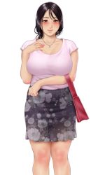 Rule 34 | 1girl, bag, black hair, blush, breasts, carrying, cleavage, closed mouth, female focus, hand on own chest, hand up, handbag, jewelry, large breasts, legs, long hair, looking at viewer, necklace, no name ninja, original, red eyes, ring, skirt, smile, solo, standing, studio pork, tachi-e, thighs, transparent background, wedding band, yukemuri hitozuma bojou tabi
