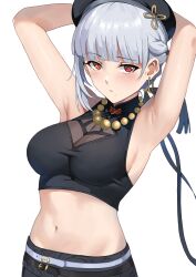 Rule 34 | 1girl, armpits, arms up, belt, black belt, black beret, black ribbon, black shirt, black tassel, blunt bangs, blush, breasts, cleavage, crop top, earrings, grey hair, hair ribbon, highres, jewelry, kauru00, large breasts, long ribbon, looking at viewer, medium hair, midriff, mismatched pupils, mole, mole under mouth, navel, parted lips, red eyes, ribbon, sanhua (wuthering waves), see-through, see-through cleavage, shirt, simple background, solo, tacet mark (wuthering waves), white background, wuthering waves