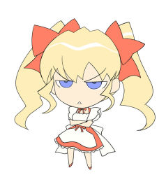Rule 34 | 00s, 1girl, a1 (initial-g), angry, apron, blonde hair, blue eyes, chibi, chibi only, crossed arms, daikuji ayu, daikuuji ayu, dress, kimi ga nozomu eien, looking at viewer, puffy short sleeves, puffy sleeves, red dress, short sleeves, simple background, solo, standing, tsurime, twintails, waist apron, white background
