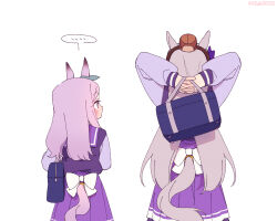 Rule 34 | ..., 2girls, animal ears, arms behind head, bag, bow, brown headwear, clothing cutout, commentary request, from behind, ggubii0225, gold ship (umamusume), grey hair, hat, highres, holding, holding bag, horse ears, horse girl, horse tail, korean commentary, long hair, long sleeves, looking at another, mejiro mcqueen (umamusume), multiple girls, purple hair, purple shirt, purple skirt, sailor collar, school bag, school uniform, shirt, simple background, skirt, spoken ellipsis, tail, tail through clothes, tracen school uniform, twitter username, umamusume, upper body, white background, white bow