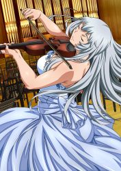 Rule 34 | 00s, 1girl, backless dress, backless outfit, bare back, bare shoulders, blue dress, breasts, chouun shiryuu, cleavage, dress, closed eyes, from behind, hair over shoulder, ikkitousen, indoors, instrument, large breasts, long hair, music, playing instrument, silver hair, solo, violin
