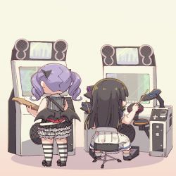 Rule 34 | 2girls, arcade cabinet, ayasaka, bang dream!, black bow, black footwear, black hair, bow, commentary request, drum, drumsticks, electric guitar, from behind, gitadora, guitar, hair bow, instrument, layered skirt, multiple girls, playing games, purple hair, shirokane rinko, shoes, sitting, skirt, standing, striped clothes, striped legwear, striped thighhighs, thighhighs, twintails, udagawa ako