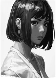 1girl black_eyes black_hair commentary earrings english_commentary greyscale highres jewelry looking_at_viewer monochrome nerogmi original shirt short_hair simple_background sketch solo swept_bangs white_background white_shirt