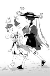 Rule 34 | 1boy, 1girl, apple, bag, baguette, bird, bread, commentary request, floating, food, from side, fruit, full body, genshin impact, grass, greyscale, hat, highres, holding, holding bag, long hair, monochrome, musical note, nahida (genshin impact), no6 gnsn, scaramouche (genshin impact), short hair, side ponytail, spoken musical note, walking, wanderer (genshin impact)