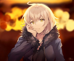 Rule 34 | 1girl, :i, ahoge, bad id, bad pixiv id, black shirt, blonde hair, fate/grand order, fate (series), fur collar, fur trim, hand on own face, jacket, jeanne d&#039;arc (fate), jeanne d&#039;arc (ruler) (fate), jeanne d&#039;arc alter (fate), jeanne d&#039;arc alter (ver. shinjuku 1999) (fate), jewelry, long hair, looking at viewer, nagu, necklace, official alternate costume, raised eyebrow, shirt, short hair, yellow eyes