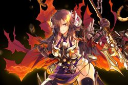 Rule 34 | 1girl, angry, ares (kamihime), armor, axe, brown hair, cape, fire, kamihime project r, looking at viewer, red eyes, teeth, thighs, weapon