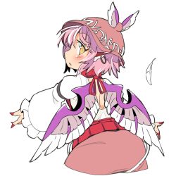 Rule 34 | 1girl, adapted costume, animal ears, bird ears, bird wings, blush, border, brown headwear, earrings, feathers, fingernails, frilled sleeves, frills, ini (inunabe00), jewelry, long fingernails, long sleeves, mystia lorelei, nail polish, parted lips, pink hair, red nails, sharp fingernails, short hair, simple background, single earring, solo, touhou, transparent border, white background, white wings, wide sleeves, winged hat, wings, yellow eyes