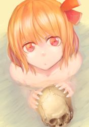 Rule 34 | 1girl, bad id, bad pixiv id, blonde hair, hair ribbon, looking at viewer, looking up, nude, partially submerged, red eyes, ribbon, rumia, sher04, short hair, skull, solo, touhou, water