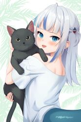 Rule 34 | 1girl, :d, absurdres, ahoge, animal, back, black cat, blue eyes, blue hair, blunt bangs, blush, cat, commentary, fins, fish tail, from behind, gawr gura, hair ornament, highres, holding, holding animal, hololive, hololive english, long hair, looking at viewer, looking back, monmo mu, multicolored hair, off-shoulder shirt, off shoulder, open mouth, shark girl, shark hair ornament, shark tail, shirt, sidelocks, smile, streaked hair, tail, virtual youtuber, white hair, white shirt