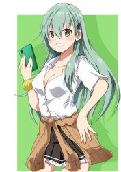 Rule 34 | 1girl, aqua eyes, aqua hair, breasts, brown jacket, brown skirt, cardigan, cardigan around waist, cellphone, cleavage, clothes around waist, commentary, green hair, hair ornament, hairclip, hinase (jet hearts), jacket, kantai collection, long hair, nail polish, open clothes, open shirt, phone, pleated skirt, school uniform, scrunchie, short sleeves, skirt, smartphone, smartphone case, suzuya (kancolle), suzuya kai ni (kancolle)