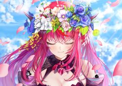 Rule 34 | 1girl, absurdres, bare shoulders, blue flower, blue rose, blue sky, blurry, blurry background, blush, breasts, cleavage, closed eyes, cloud, detached sleeves, flower, ha uiyeon, hair flower, hair ornament, highres, hololive, hololive english, horns, irys (hololive), long hair, petals, purple hair, red hair, rose, sky, solo, upper body, virtual youtuber