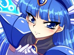 Rule 34 | 1990s (style), 1girl, armor, blue eyes, blue hair, blue hairband, blush, elbow gloves, forehead jewel, gloves, hairband, highres, long hair, magic knight rayearth, matching hair/eyes, official alternate costume, pauldrons, retro artstyle, ryuuzaki umi, shoulder armor, smile, solo, upper body, white gloves, yagami (mukage)