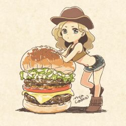 Rule 34 | 1girl, aqua eyes, belt, blonde hair, blue shorts, boots, brown footwear, burger, cheese, food, highres, leaning forward, lettuce, long hair, looking at viewer, midriff, mojacookie, navel, original, oversized food, oversized object, shadow, shorts, signature, simple background, solo, standing, tan background, wide shot