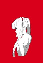 Rule 34 | 1girl, bad proportions, breasts, capelet, closed eyes, cropped arms, drill hair, fate/grand order, fate (series), greyscale, greyscale with colored background, long hair, marie antoinette (fate), mitsuya bonjin, monochrome, red background, red scrunchie, scrunchie, sideboob, solo, twin drills, twintails
