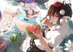 Rule 34 | 3girls, animal ears, barefoot, bird wings, black wings, brown hair, checkered clothes, checkered skirt, commentary request, day, closed eyes, food, food on face, fruit, hat, high ponytail, himekaidou hatate, holding, holding food, holding fruit, inubashiri momiji, kagami toufu, kourindou tengu costume, lake, licking, licking finger, long hair, looking at another, looking at viewer, medium hair, midriff peek, multiple girls, navel, one eye closed, open mouth, outdoors, outstretched legs, pointy ears, pom pom (clothes), red eyes, reflection, ripples, shaded face, shameimaru aya, shirt, short ponytail, short sleeves, sitting, skirt, sleeveless, sleeveless shirt, smile, solo focus, stomach, summer, toes, tokin hat, tongue, tongue out, touhou, upshirt, upside-down, water, watermelon, watermelon slice, white hair, wings, wolf ears
